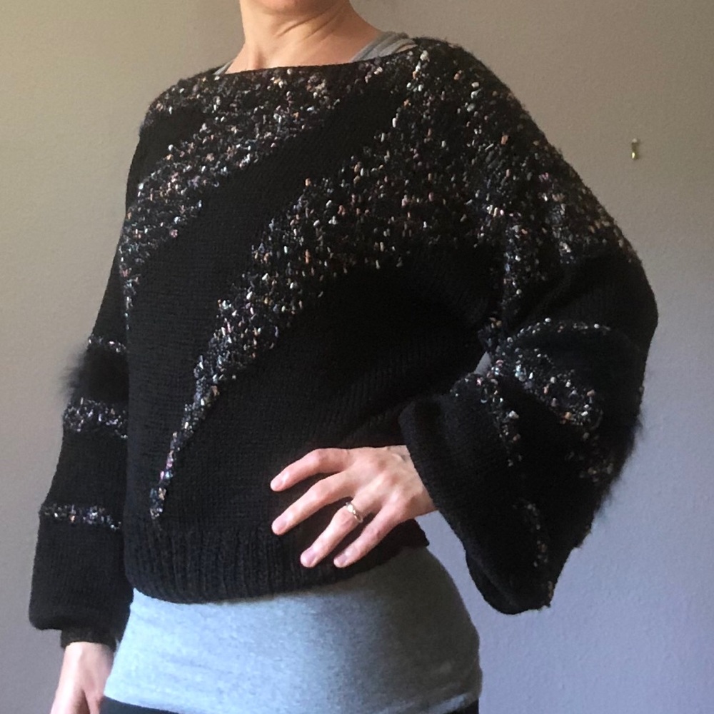 Vintage Black 80s Striped Celestial Granny Sweater